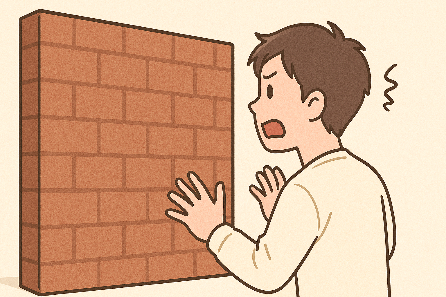 眼の前に立ちはだかる壁に困惑した表情を浮かべる男性。