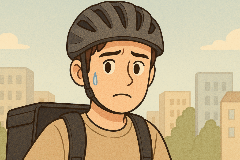 男性が少し青ざめて困惑した表情をしている様子。