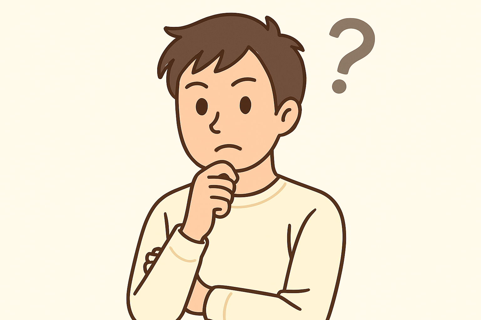 男性が右手をあごに添えて、左腕を胸の前で組んでいる様子