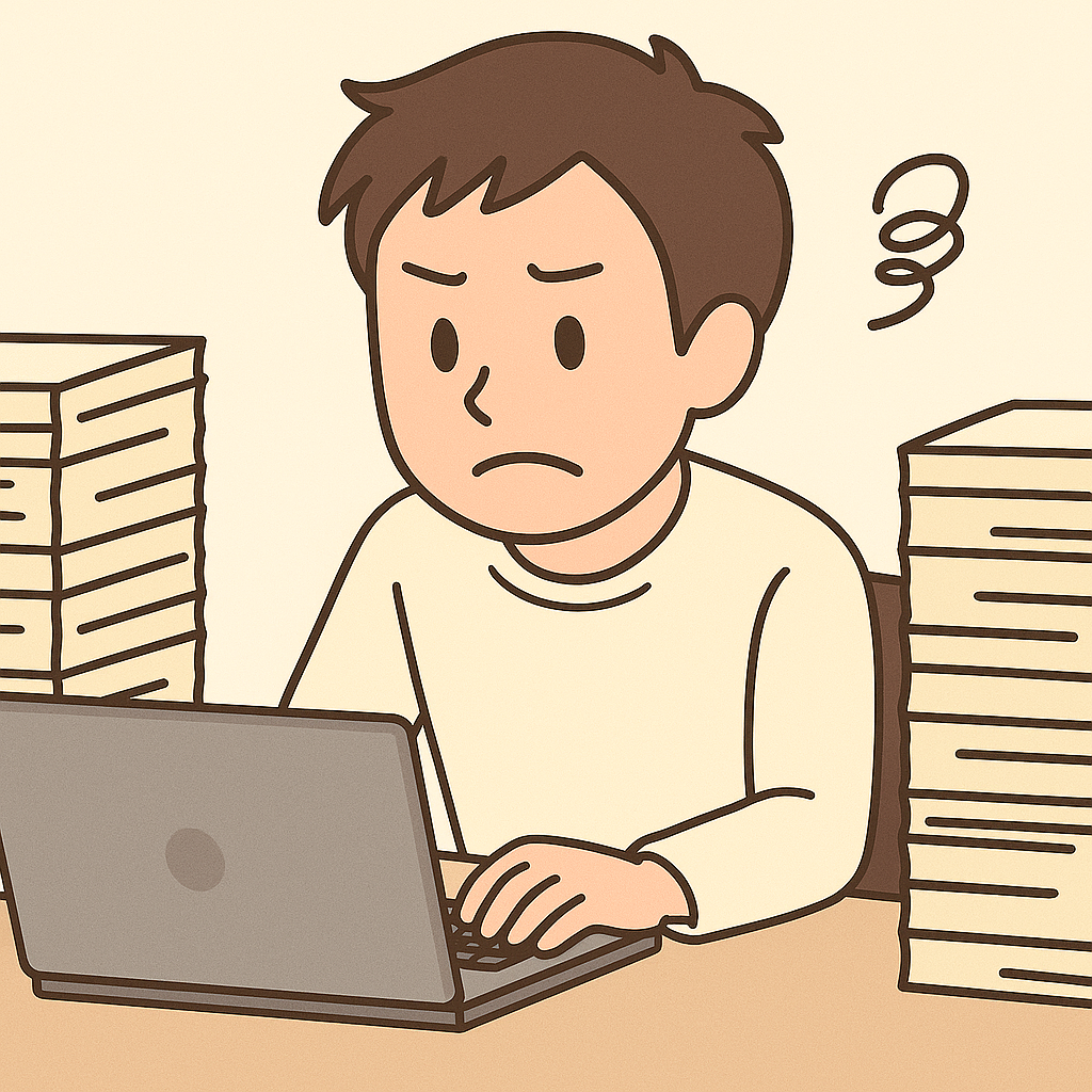 男性がパソコンに向き合ってたくさんの量のデスクワークをしている様子。