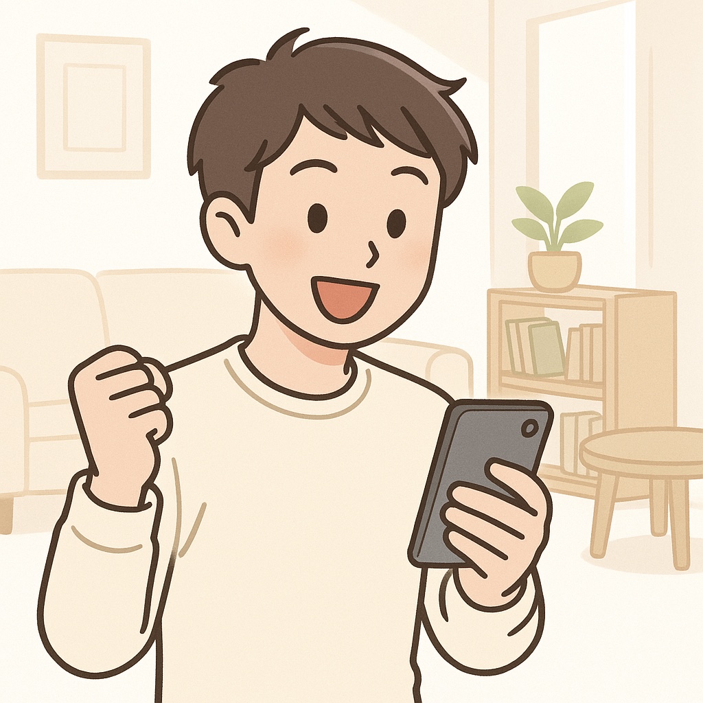 スマホを持ってガッツポーズをする20代男性。