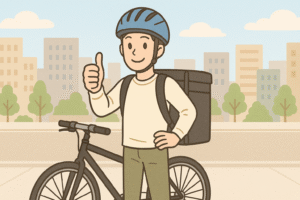 男性が配達用バッグを背負い自転車の横に立っています。正面に向かってグーサインを突き出して、片手は腰に手を当てている様子。