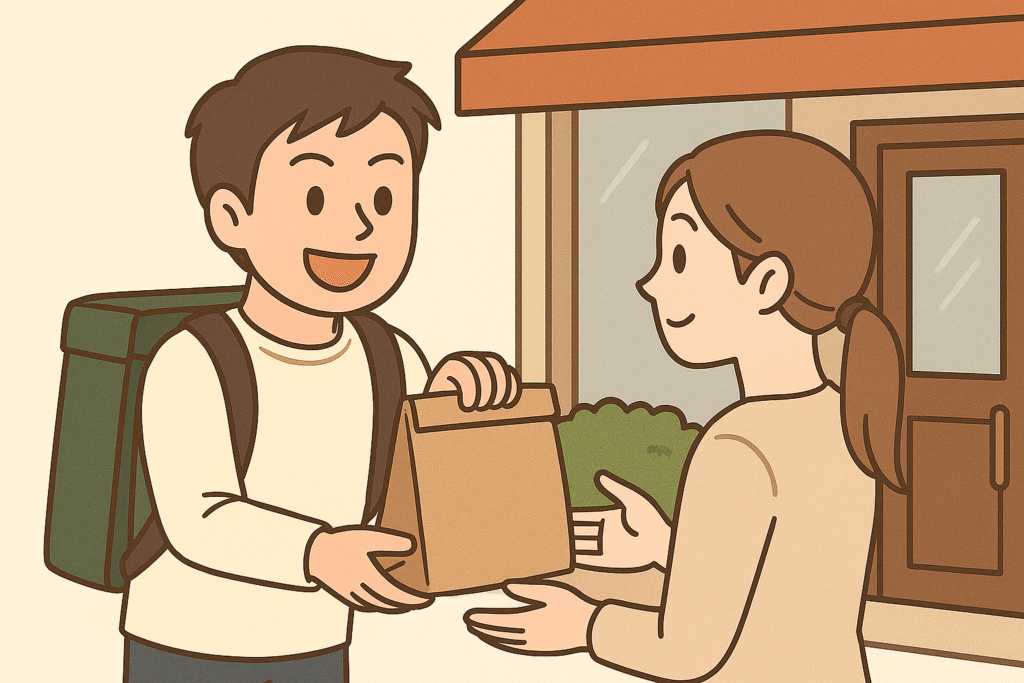 男性がレストラン前でお客様に丁寧に商品を手渡す様子。